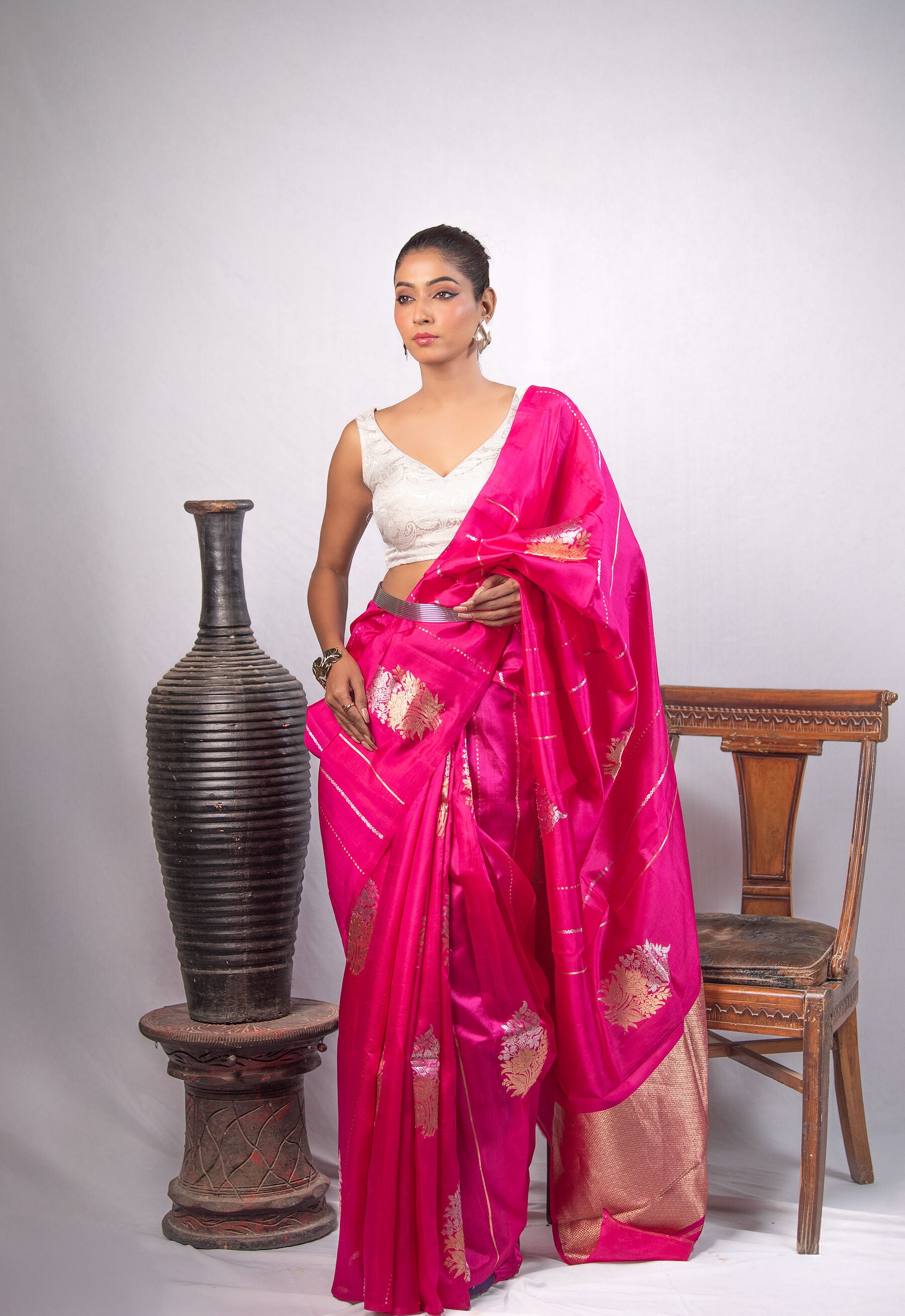 Pure Raw Mango Silk Pink Saree with Zari Lines & Floral Motifs | Handwoven Banarasi Elegance