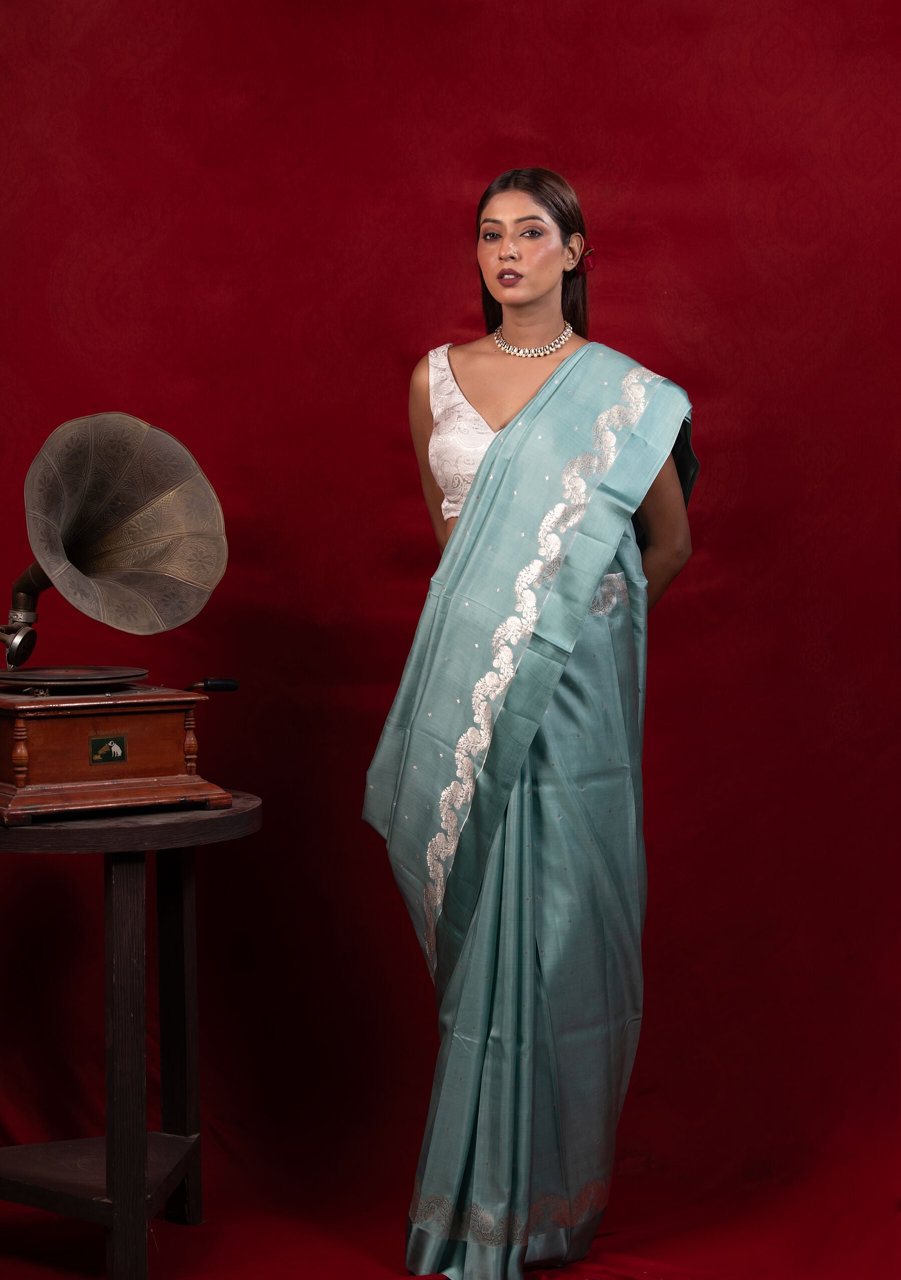 Pure Raw Mango Silk Sea Blue Saree with Silver Zari Border & Minimal Booti | Handwoven Banarasi Saree