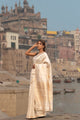 Pure Raw Silk Saree in Ivory Gold | Handwoven Banarasi Saree with Muted Zari