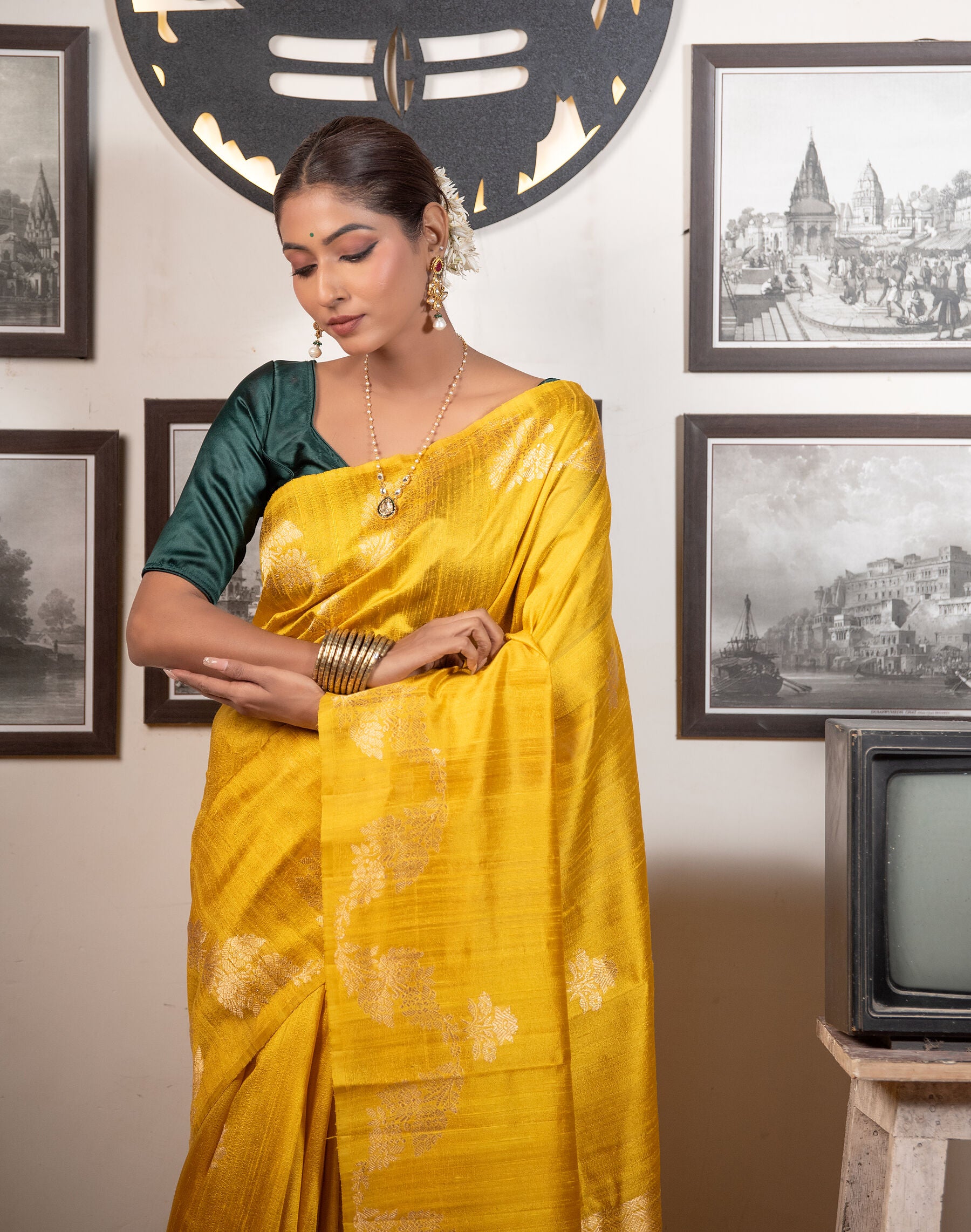 Pure Raw  Silk Saree in Golden Yellow with Subtle Zari Motifs | Handwoven Banarasi Elegance