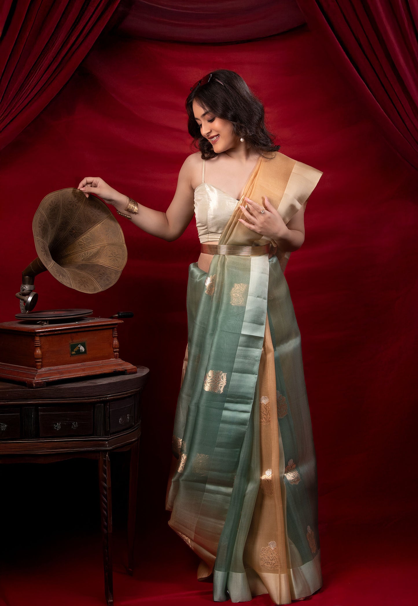 Pure Handloom Organza Silk Saree in Green–Gold Ombre with Antique Zari Motifs