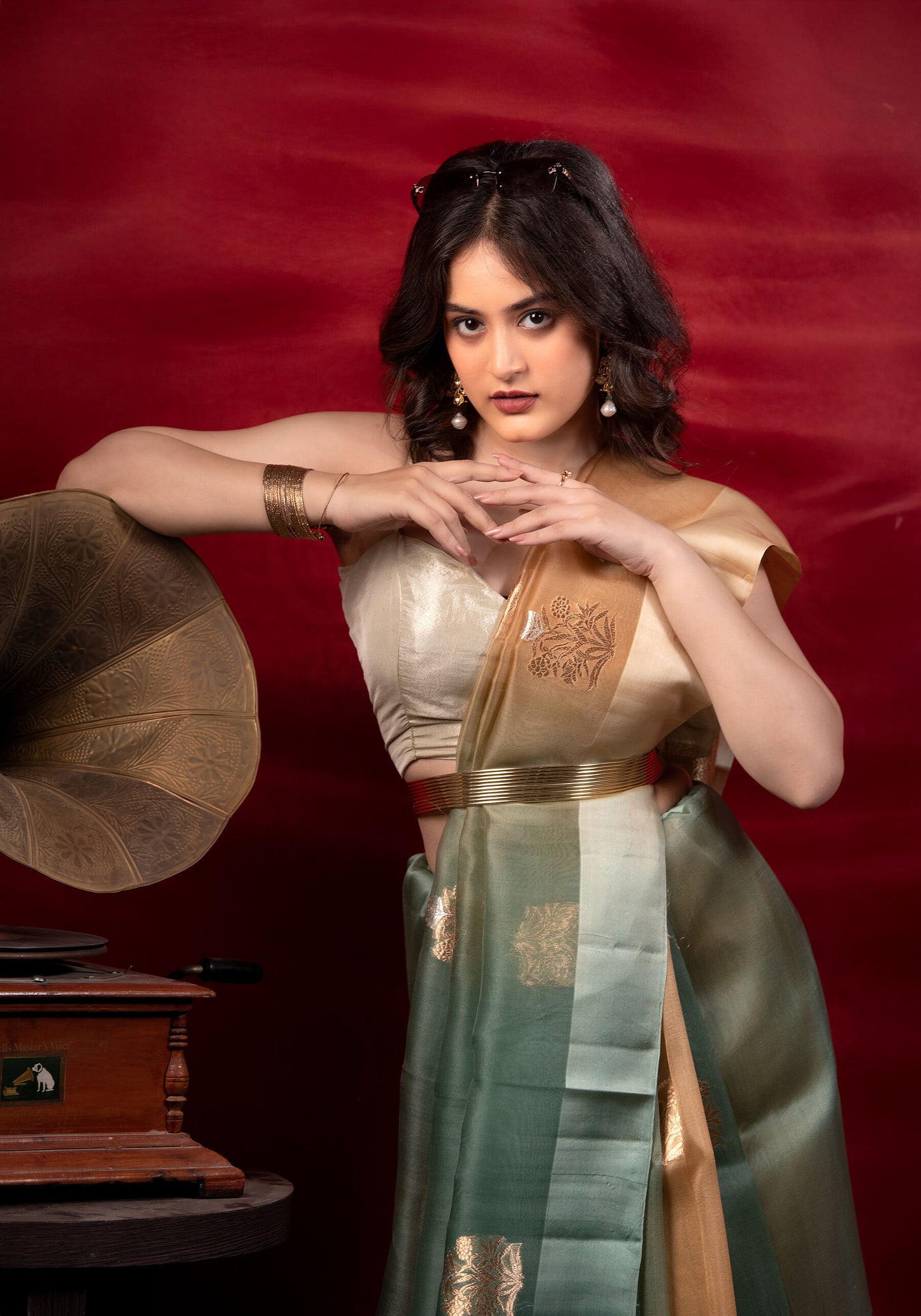 Pure Handloom Organza Silk Saree in Green–Gold Ombre with Antique Zari Motifs