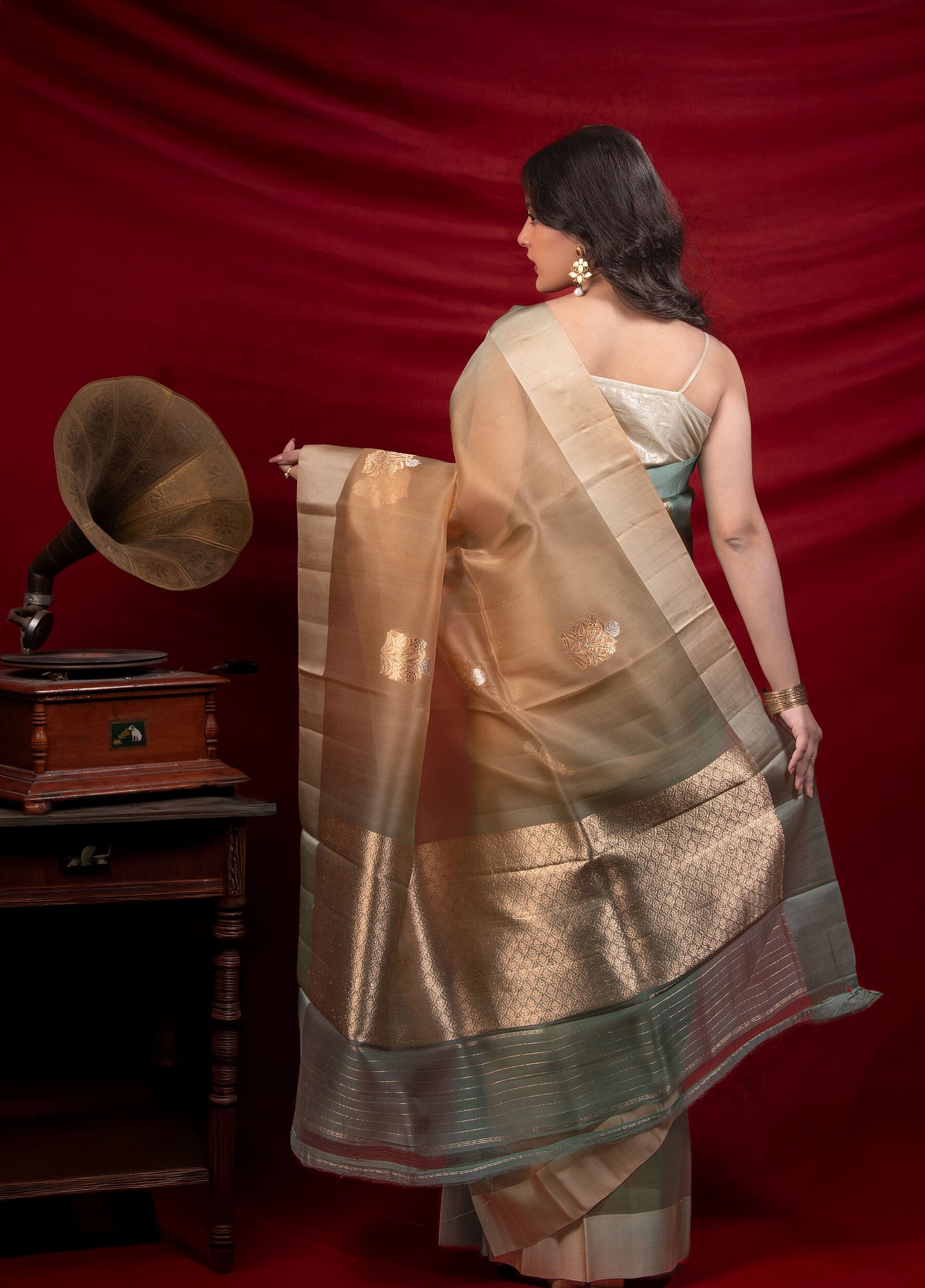 Pure Handloom Organza Silk Saree in Green–Gold Ombre with Antique Zari Motifs