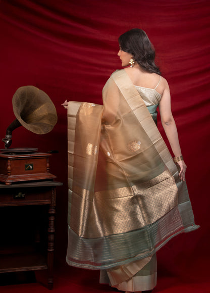 Pure Handloom Organza Silk Saree in Green–Gold Ombre with Antique Zari Motifs