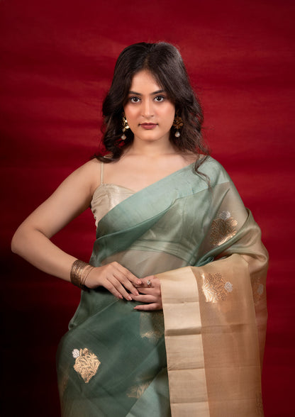Pure Handloom Organza Silk Saree in Green–Gold Ombre with Antique Zari Motifs