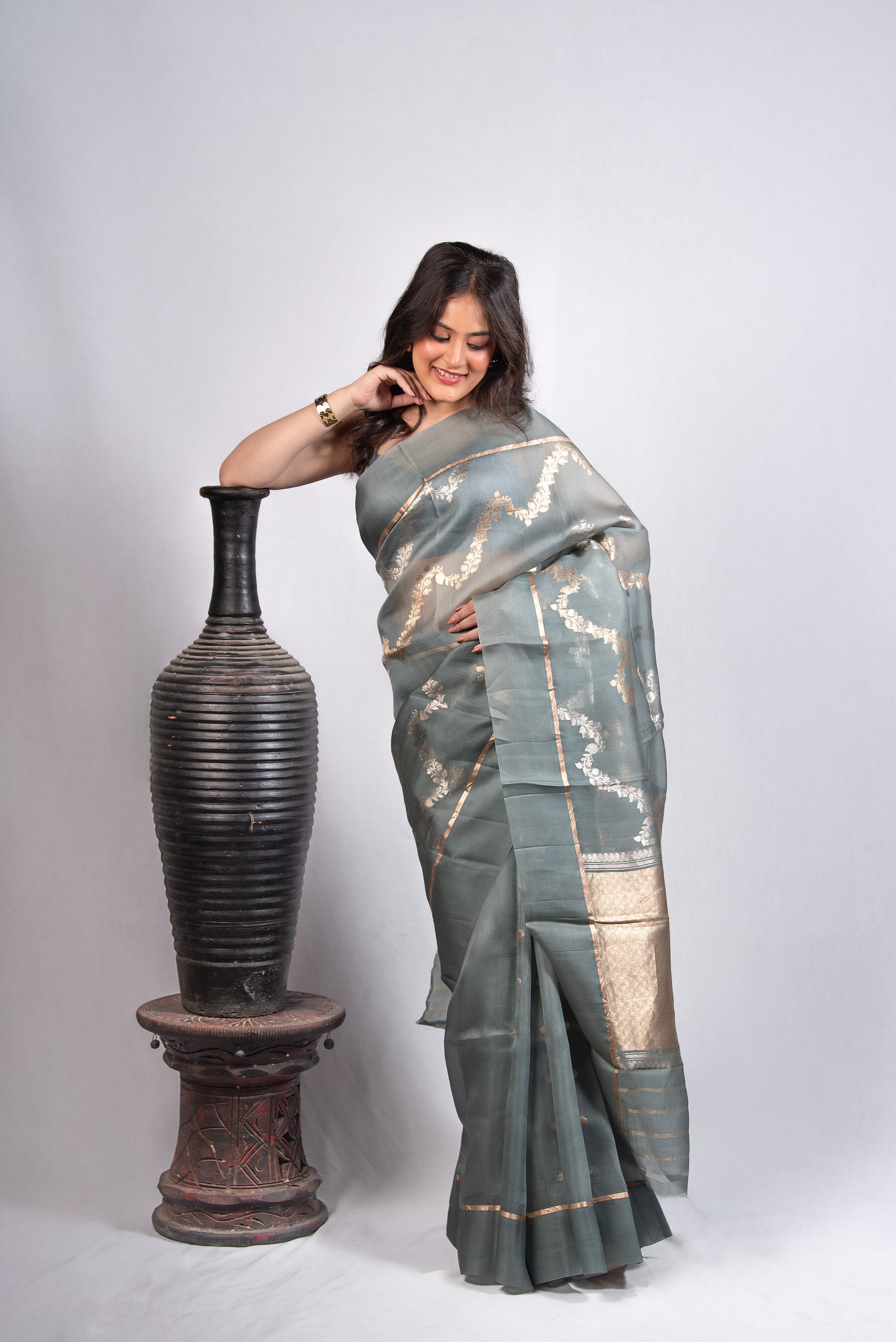Pure Kora Silk Saree in Mist Grey with Satin Border & Zari Vine Motifs