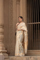 Pure Kora Silk Banarasi Saree in Ivory Gold | Handwoven Organza Kora with Zari Buti & Scalloped Border
