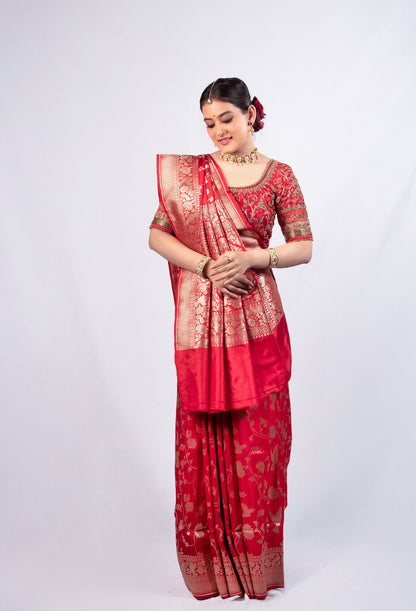 Pure Katan Silk Banarasi Saree in Bridal Red | Handwoven Zari & Rich Pallu