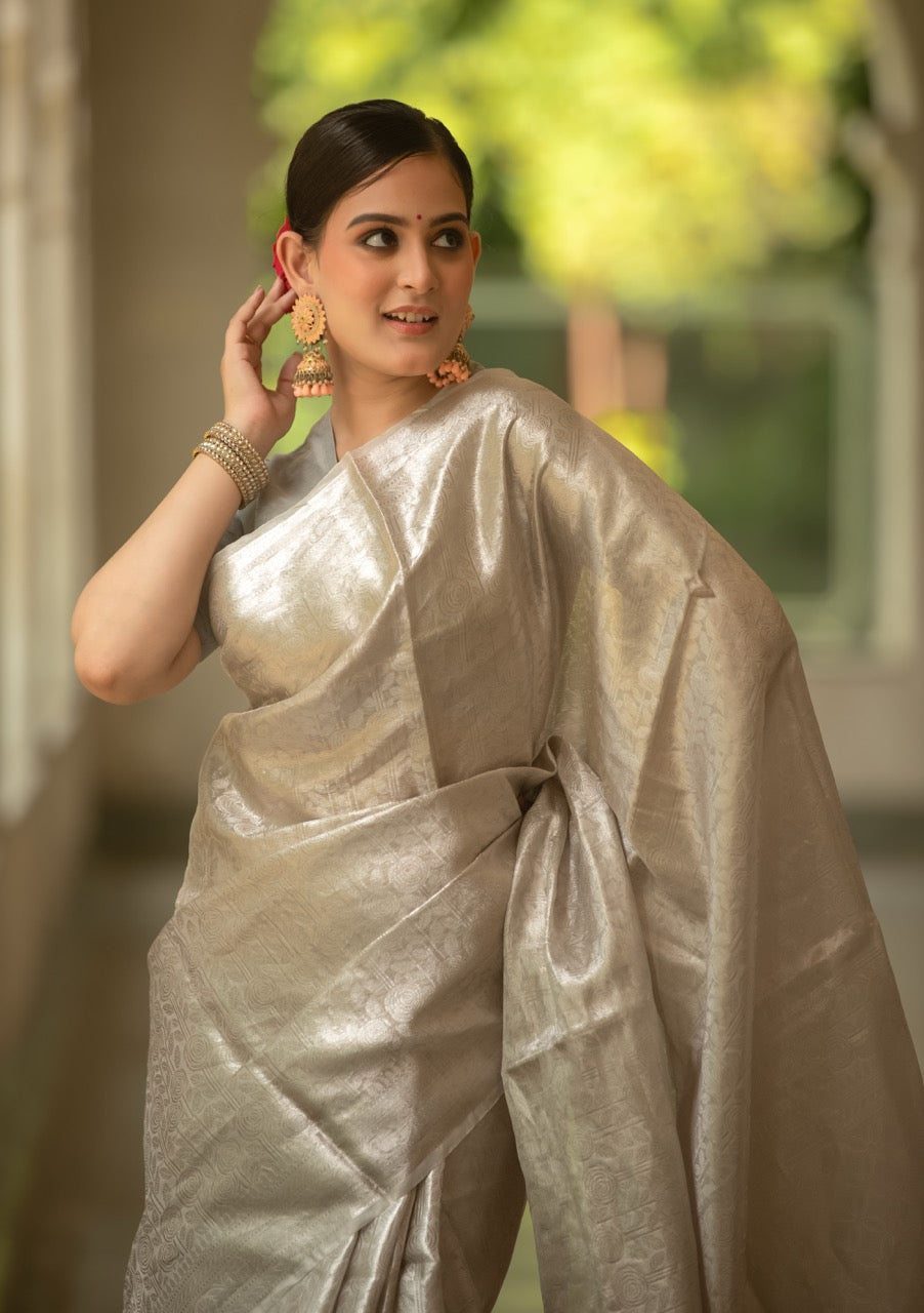 Silver Rose Pure Tissue Brocade Saree