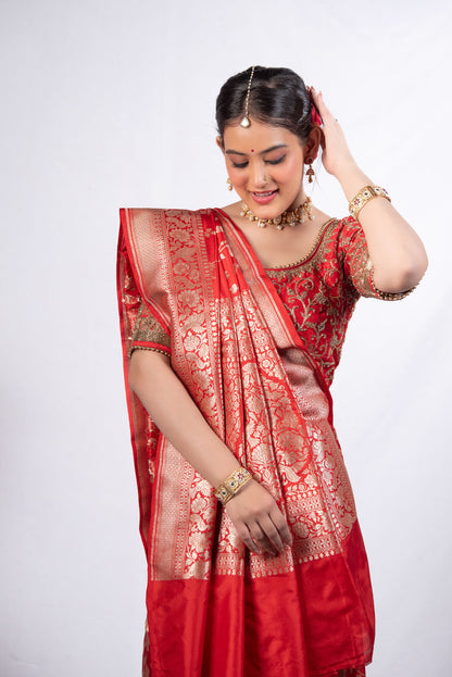 Pure Katan Silk Banarasi Saree in Bridal Red | Handwoven Zari & Rich Pallu