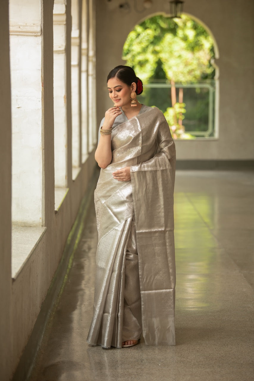 Silver Rose Pure Tissue Brocade Saree