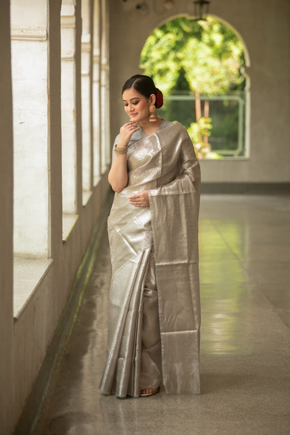 Silver Rose Pure Tissue Brocade Saree