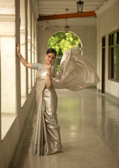 Silver Rose Pure Tissue Brocade Saree