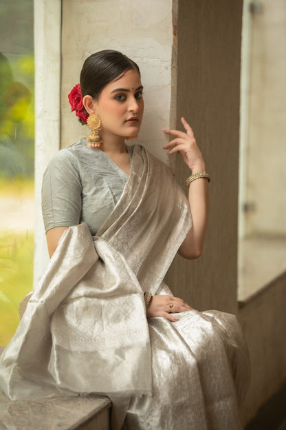 Silver Rose Pure Tissue Brocade Saree