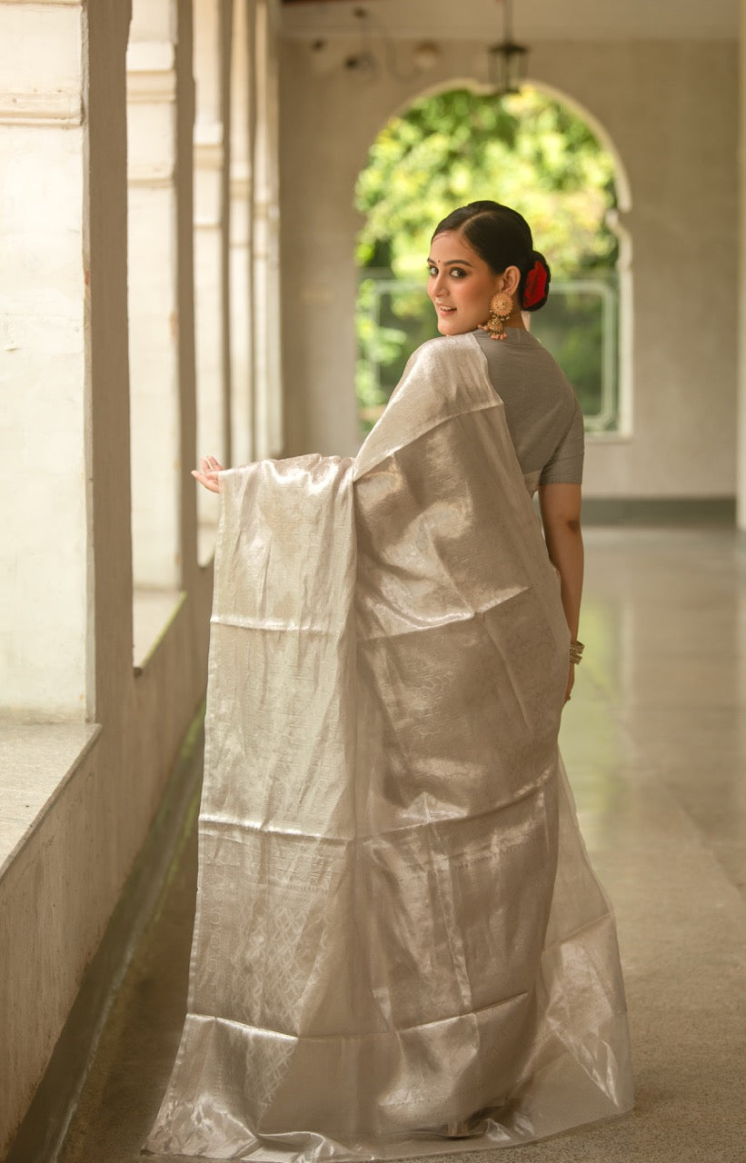 Silver Rose Pure Tissue Brocade Saree