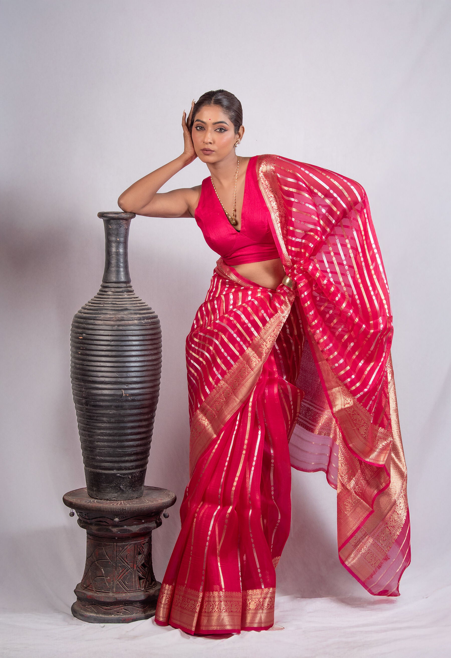 Pure Kora Silk Saree in Rani Pink with Handwoven Alfi Zari Stripes & Golden Border | Lightweight Festive Banarasi  Saree