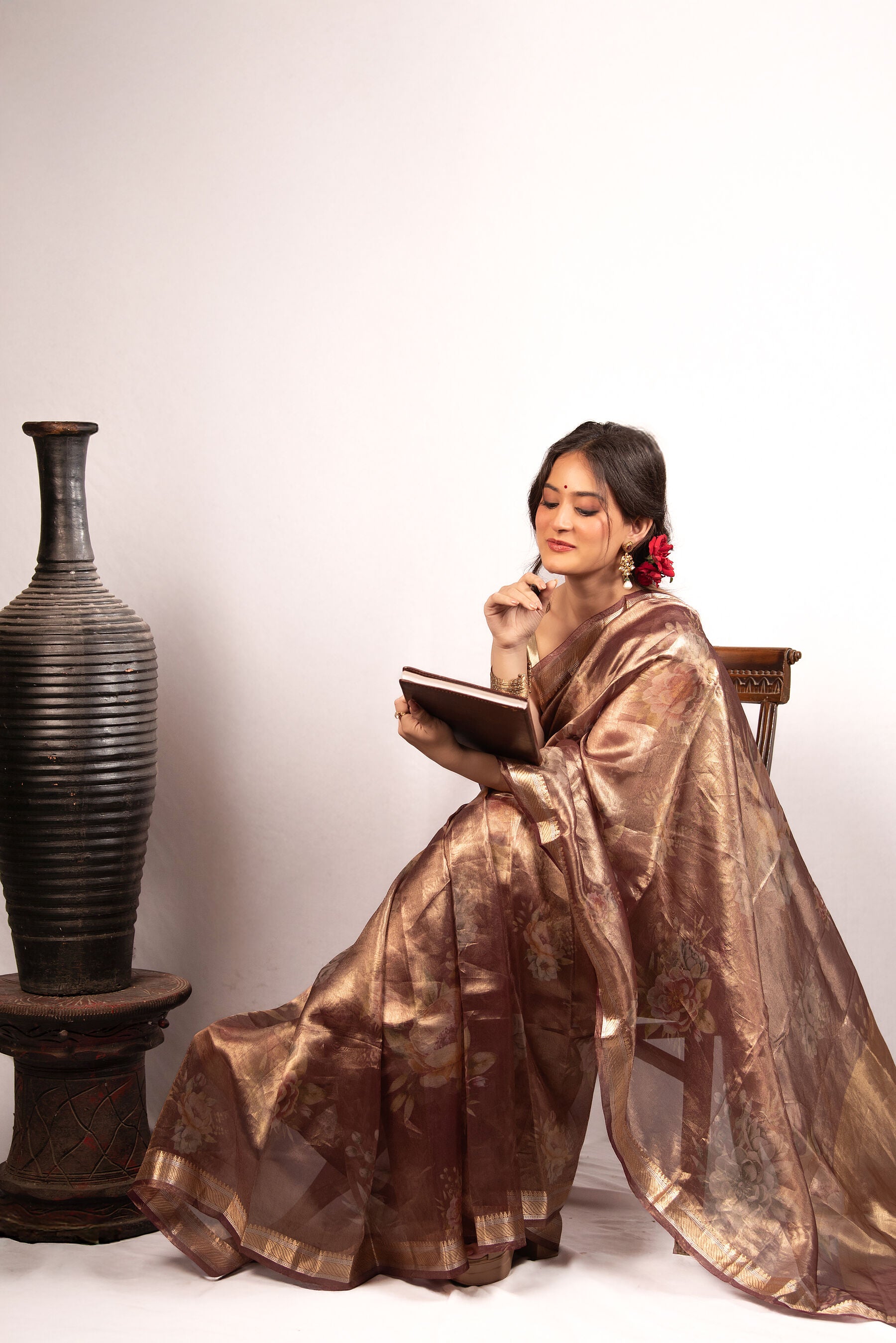 Pure  Tissue Silk Saree in Vintage Rose Gold with Floral Weave & Zari Border | Lightweight Festive Banarasi Tissue Saree