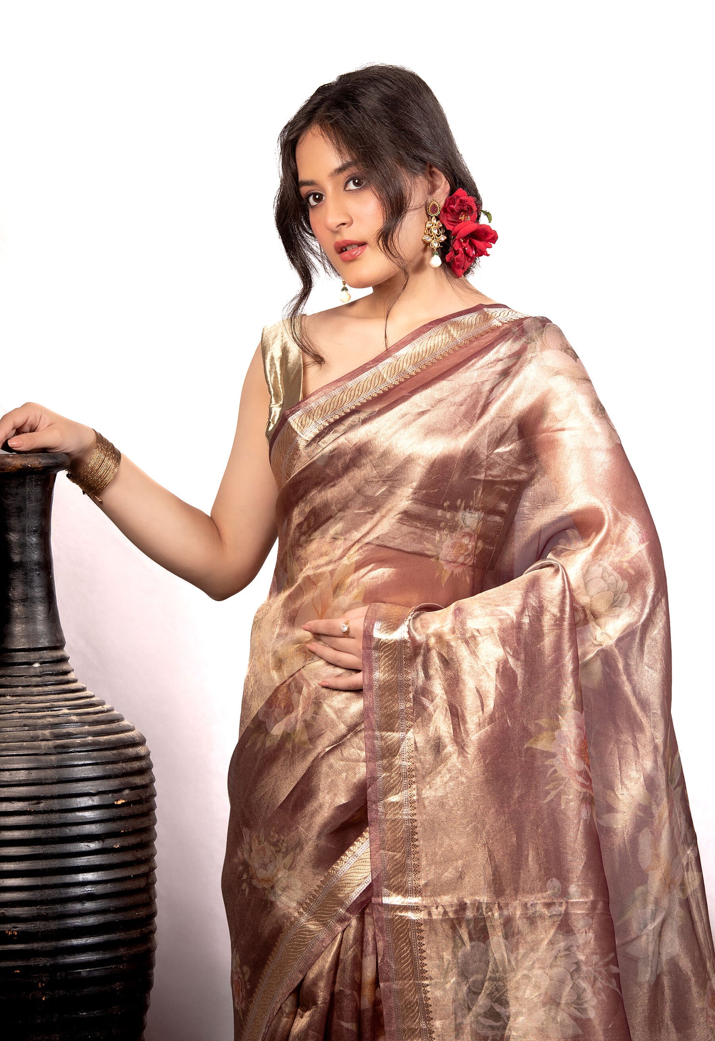 Pure  Tissue Silk Saree in Vintage Rose Gold with Floral Weave & Zari Border | Lightweight Festive Banarasi Tissue Saree