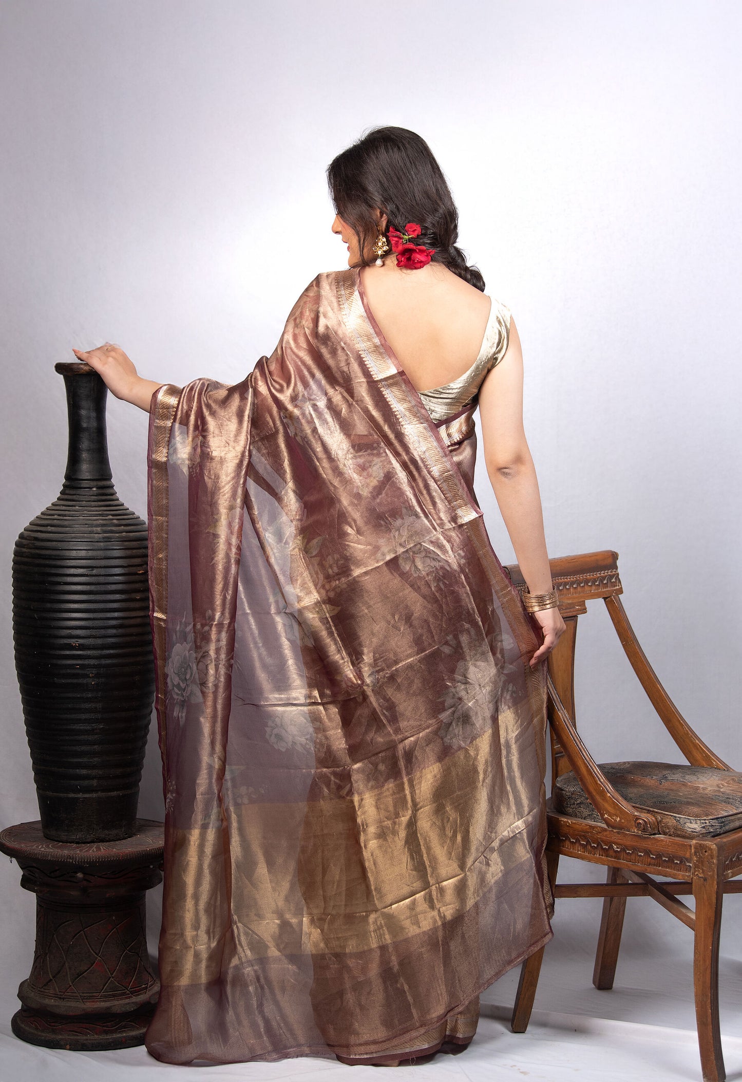 Pure  Tissue Silk Saree in Vintage Rose Gold with Floral Weave & Zari Border | Lightweight Festive Banarasi Tissue Saree