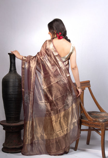 Pure  Tissue Silk Saree in Vintage Rose Gold with Floral Weave & Zari Border | Lightweight Festive Banarasi Tissue Saree