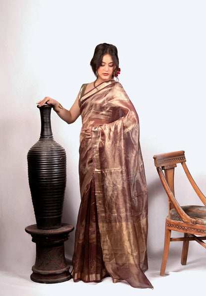 Pure  Tissue Silk Saree in Vintage Rose Gold with Floral Weave & Zari Border | Lightweight Festive Banarasi Tissue Saree