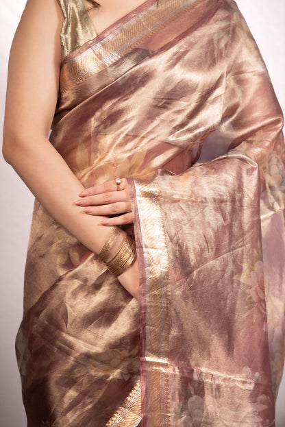 Pure  Tissue Silk Saree in Vintage Rose Gold with Floral Weave & Zari Border | Lightweight Festive Banarasi Tissue Saree