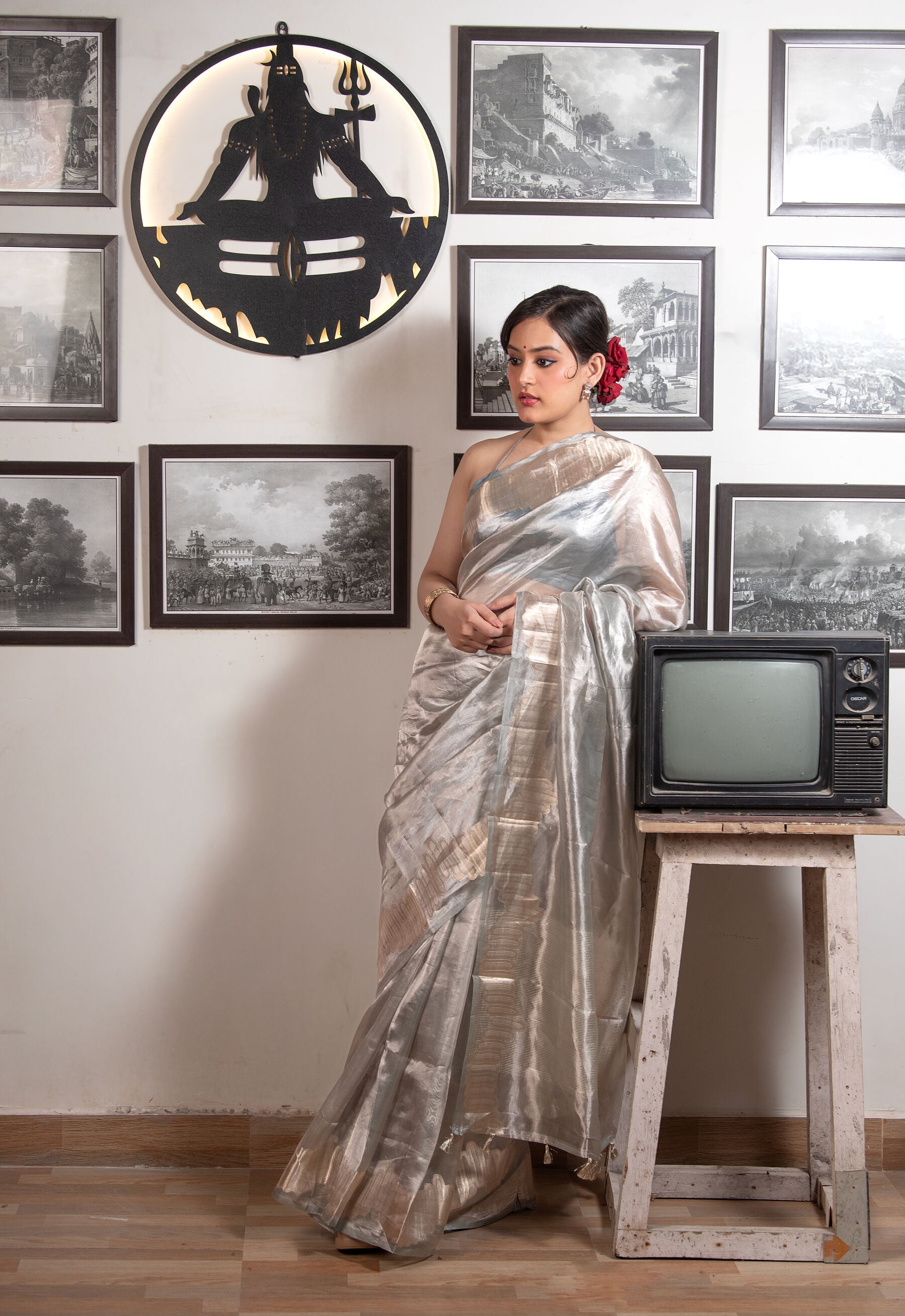 Pure  Tissue Banarasi Saree in Antique Silver Gold | Lightweight Festive Tissue Silk Saree