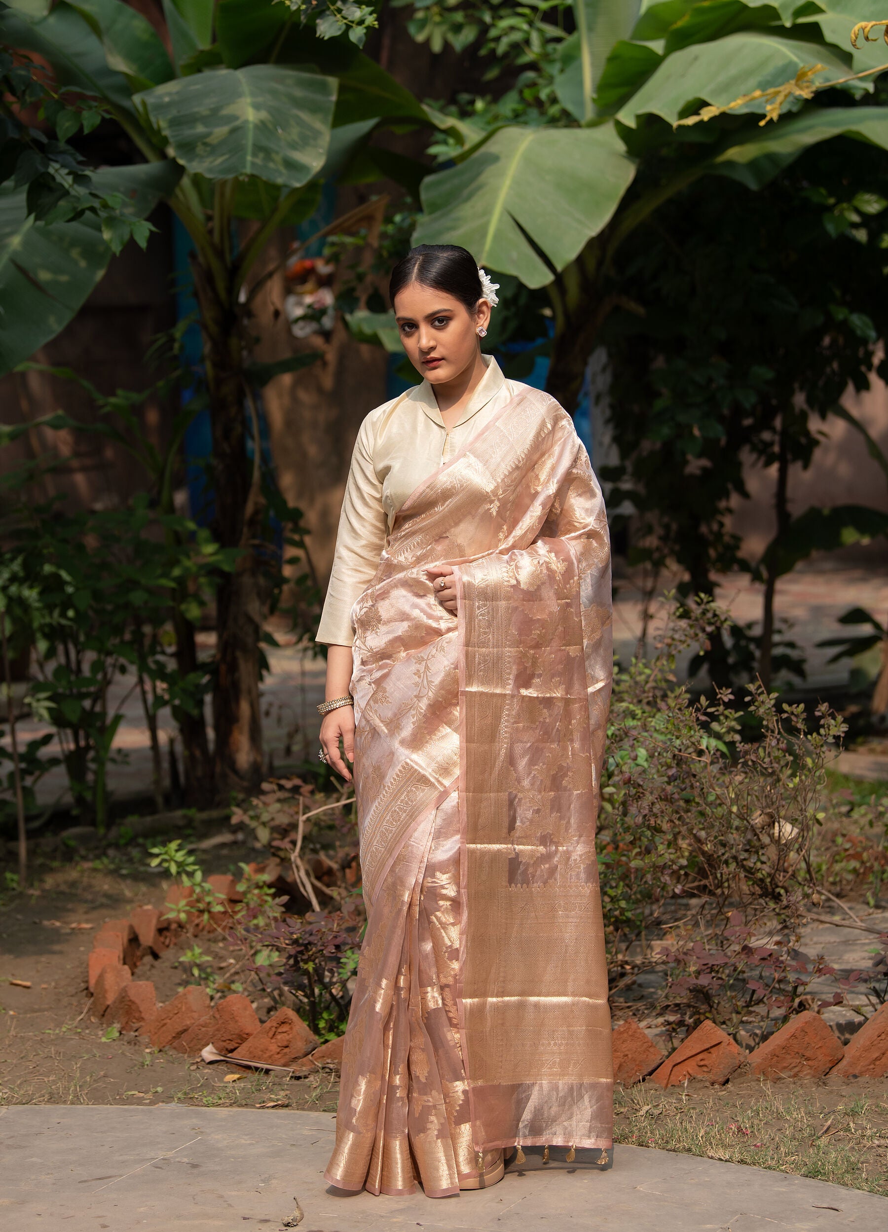 Pure Tissue Banarasi Saree in Soft Rose Gold | Lightweight Festive Tissue Silk Saree