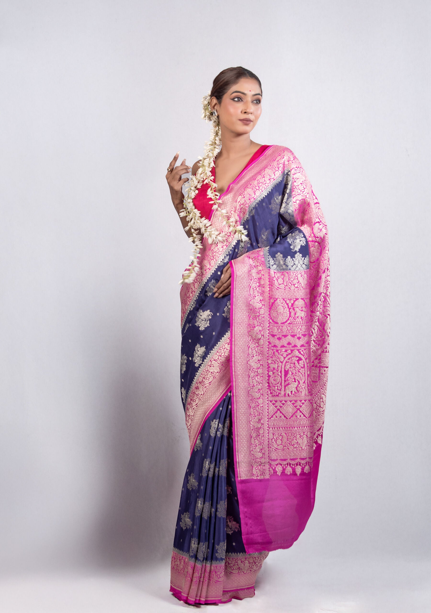 Pure Georgette Khaddi Banarasi Silk Saree in Royal Blue & Rani Pink | Handwoven Silver Zari Jaaldar Saree
