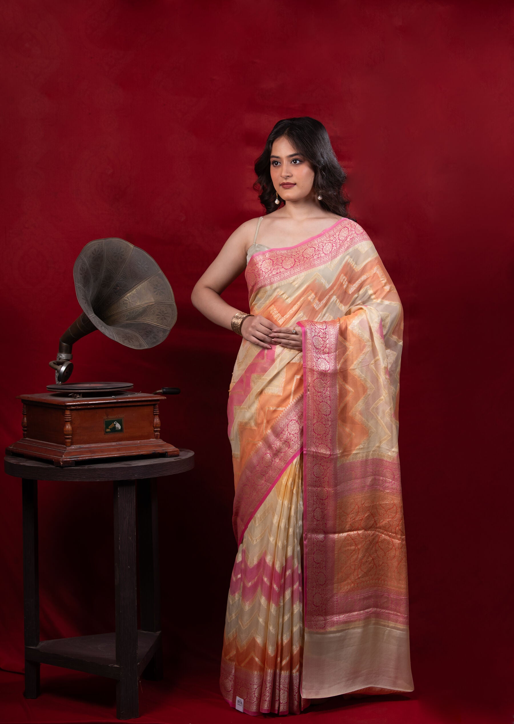 Pure Khaddi Rangkat Crepe Banarasi Saree in Multitone Pastel Zig-Zag Weave & Rich Pink Zari Border