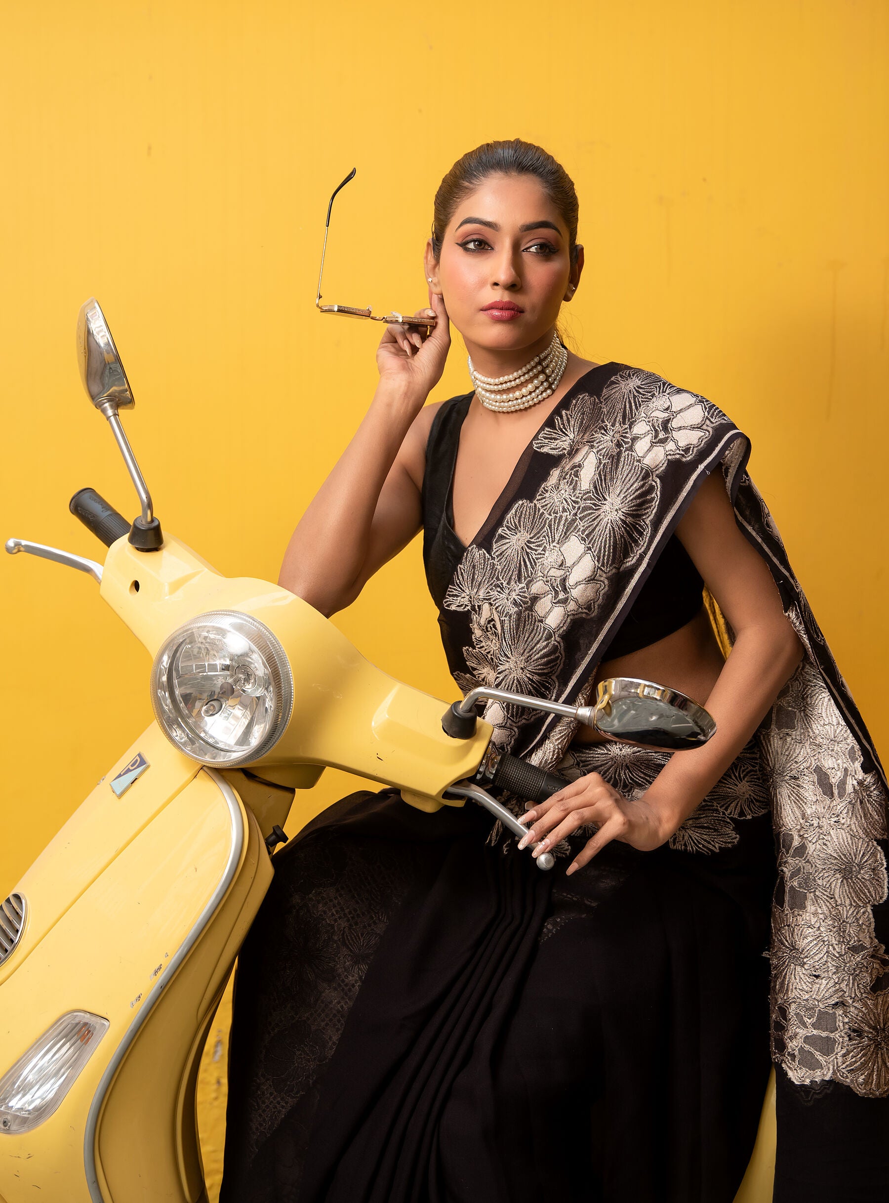 Pure Khaddi Georgette Banarasi Saree in Jet Black with Intricate Antique Zari Floral Jaal