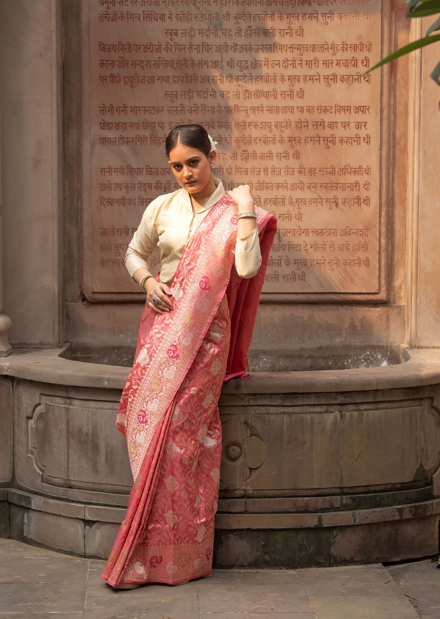 Pure Katan Silk Banarasi Saree in Rose Pink | Handwoven  Zari in three colours & Rich Pallu with floral motifs