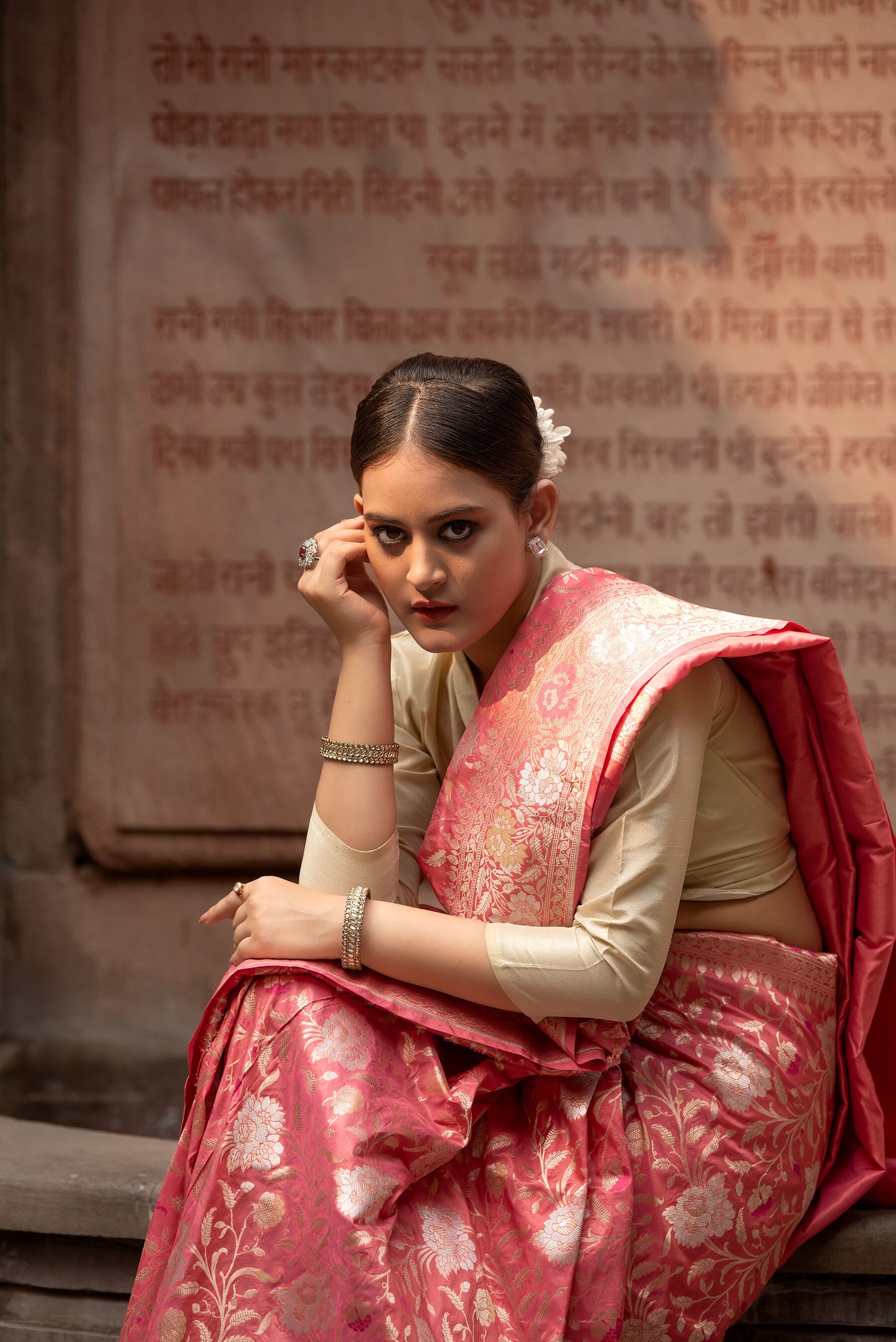 Pure Katan Silk Banarasi Saree in Rose Pink | Handwoven  Zari in three colours & Rich Pallu with floral motifs
