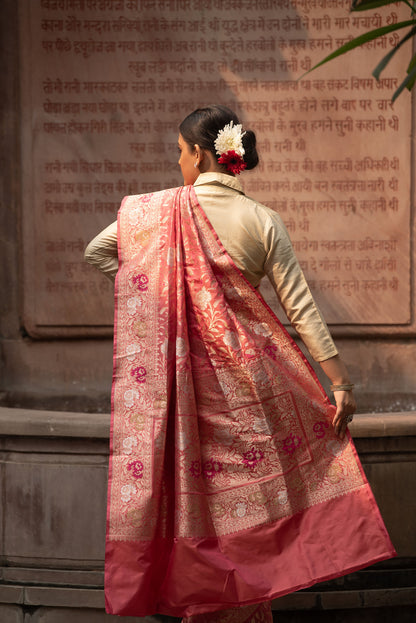 Pure Katan Silk Banarasi Saree in Rose Pink | Handwoven  Zari in three colours & Rich Pallu with floral motifs
