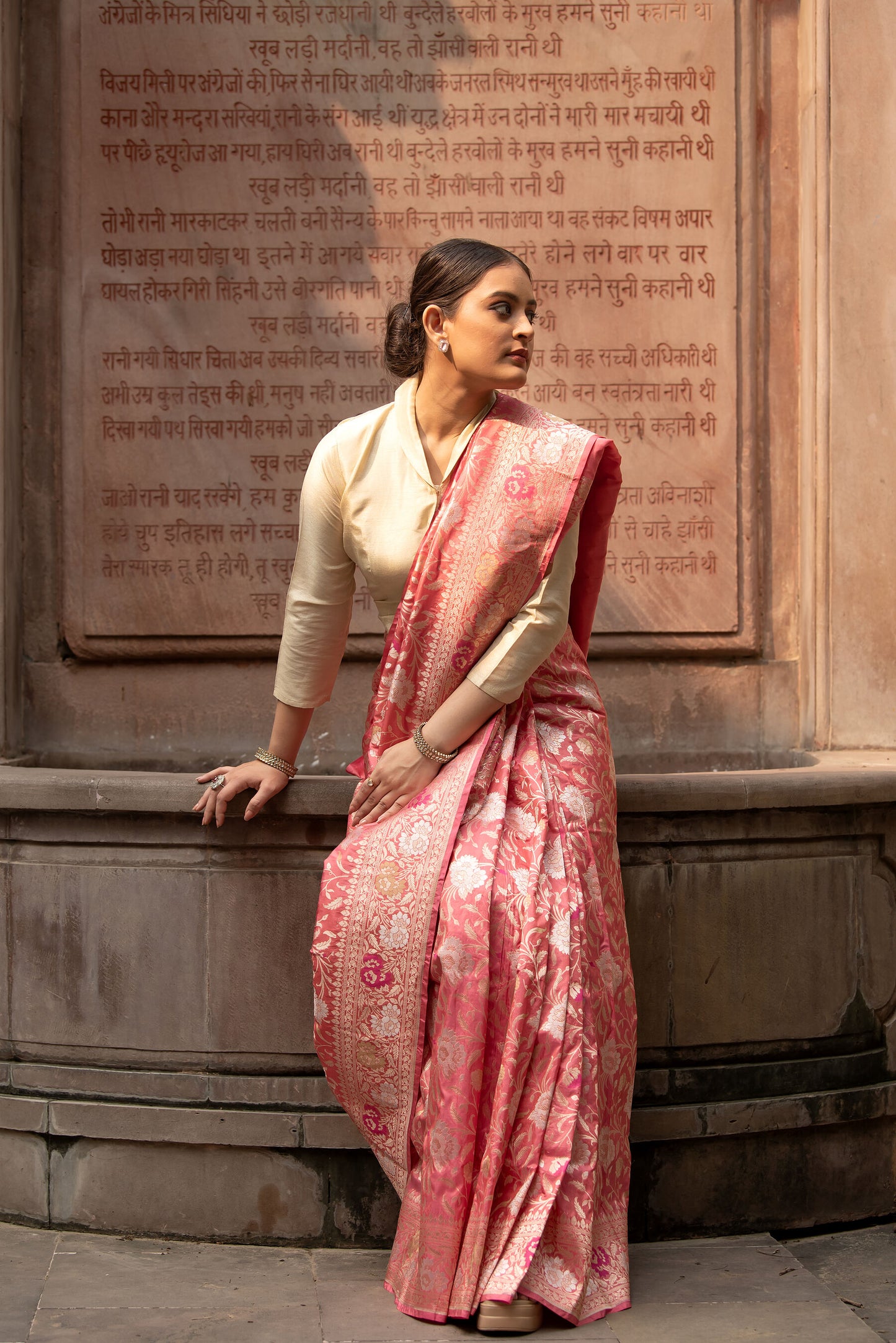 Pure Katan Silk Banarasi Saree in Rose Pink | Handwoven  Zari in three colours & Rich Pallu with floral motifs