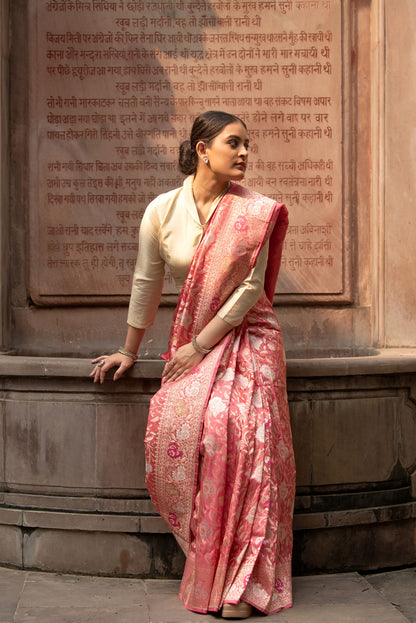 Pure Katan Silk Banarasi Saree in Rose Pink | Handwoven  Zari in three colours & Rich Pallu with floral motifs