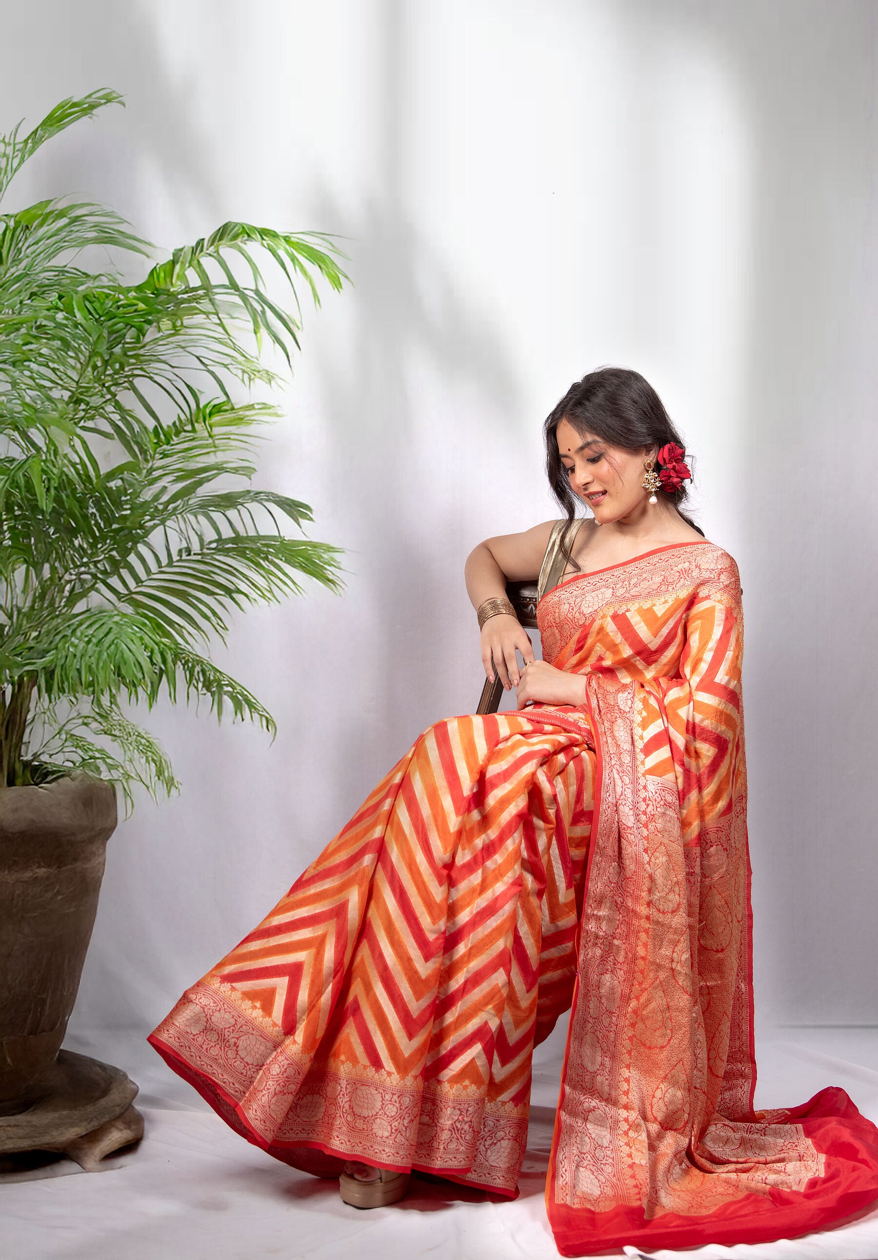 Pure Khaddi Crepe Silk Banarasi Saree in Orange Ombre with Zari Chevron Weave | Festive & Wedding Edit