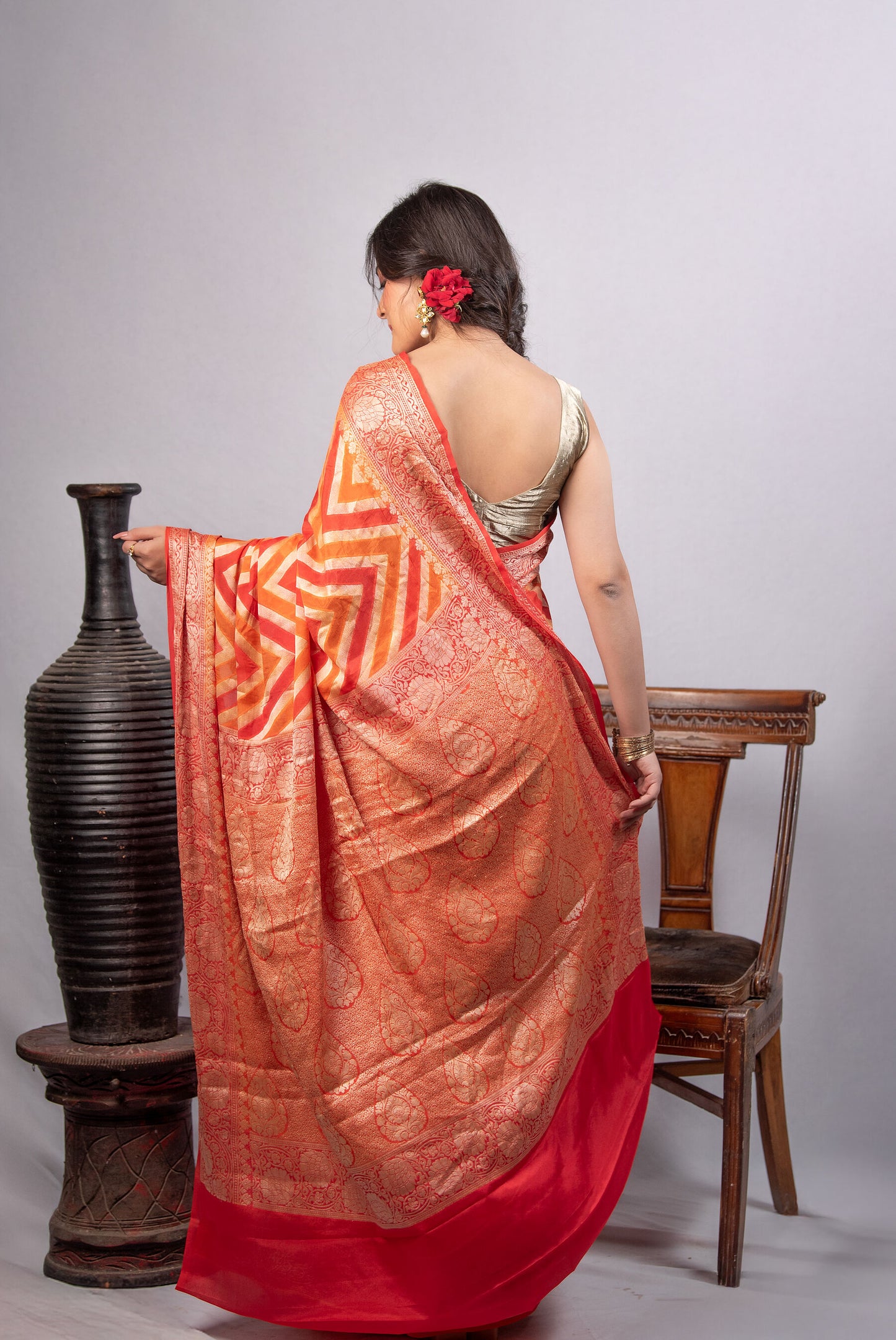 Pure Khaddi Crepe Silk Banarasi Saree in Orange Ombre with Zari Chevron Weave | Festive & Wedding Edit