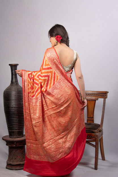 Pure Khaddi Crepe Silk Banarasi Saree in Orange Ombre with Zari Chevron Weave | Festive & Wedding Edit