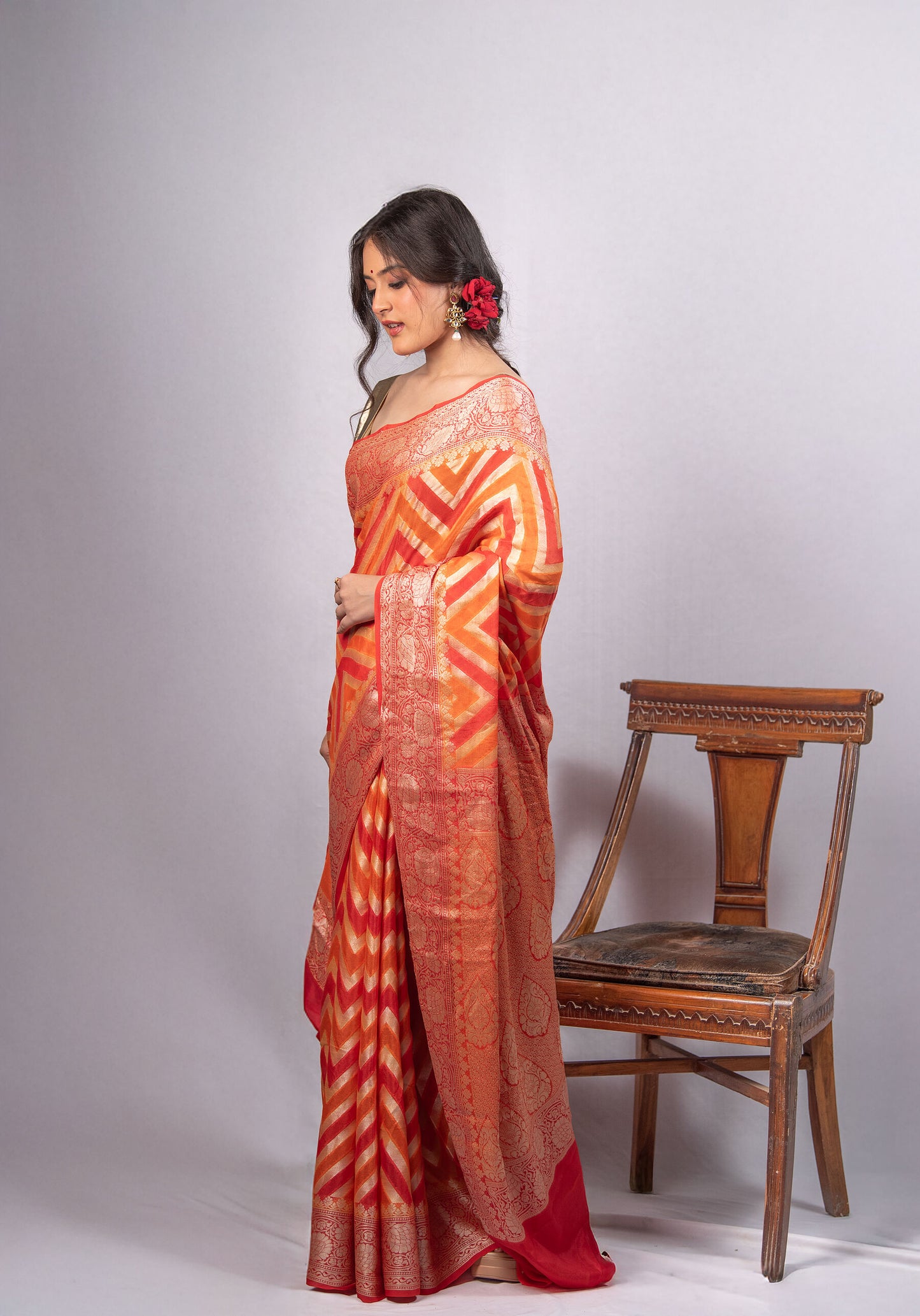 Pure Khaddi Crepe Silk Banarasi Saree in Orange Ombre with Zari Chevron Weave | Festive & Wedding Edit