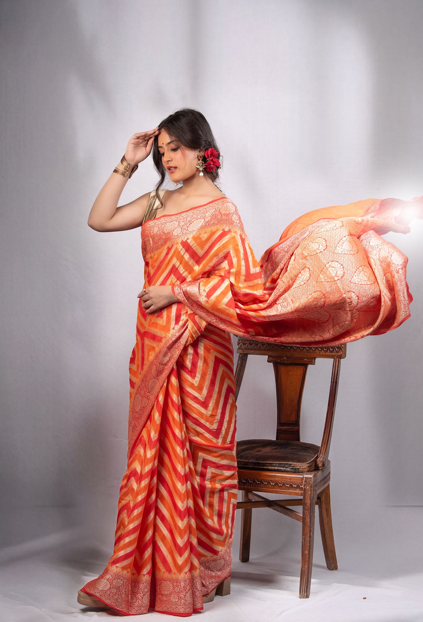 Pure Khaddi Crepe Silk Banarasi Saree in Orange Ombre with Zari Chevron Weave | Festive & Wedding Edit