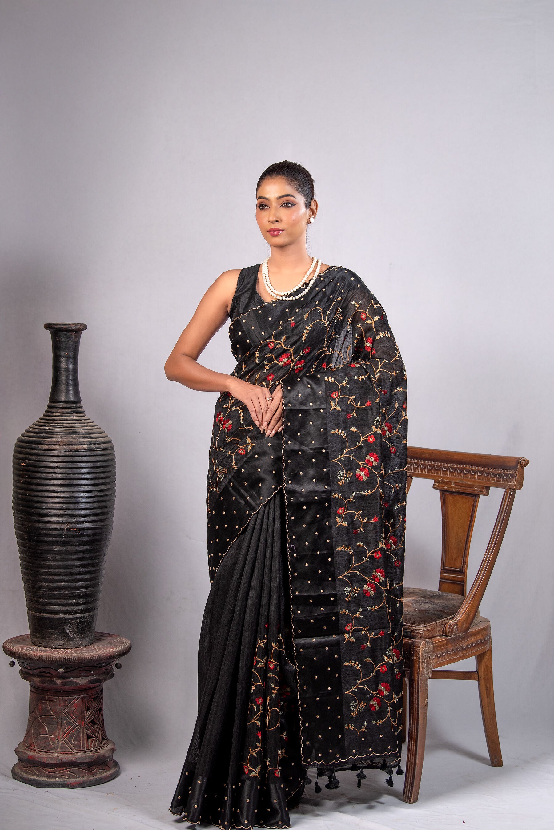 Pure Linen Black Embroidered Saree with Floral Resham Work