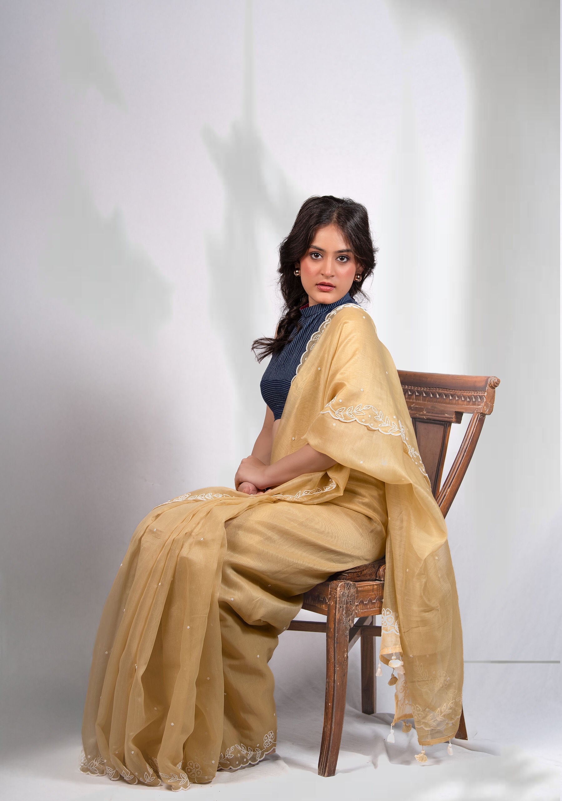 Pure Linen Saree with Pearl Embroidery – Soft Pastel Yellow | Lightweight Everyday Elegance