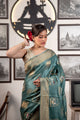 Banarasi Silk Saree in Teal Green with Meenakari Buti & Gold Zari Border