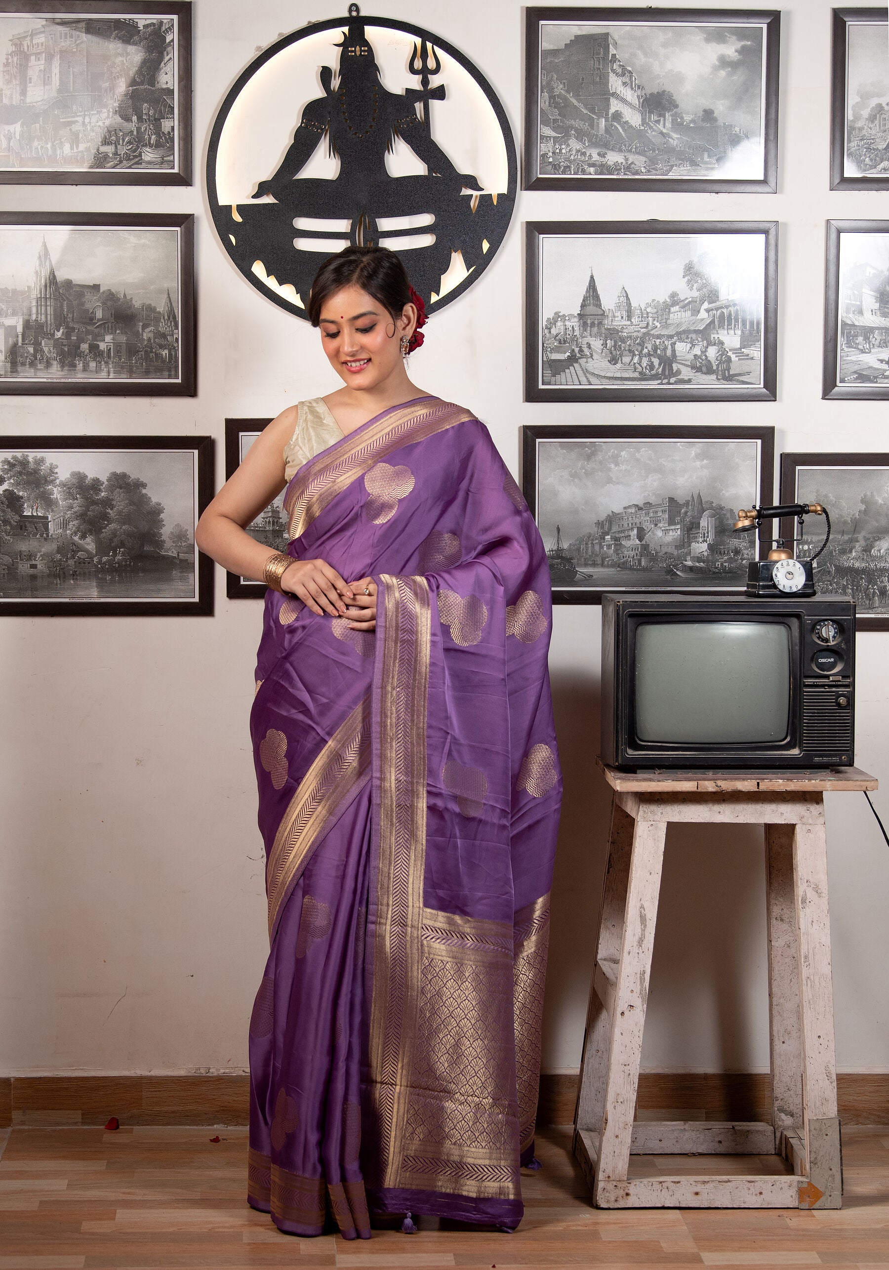 Pure Banarasi Silk Saree in Royal Purple |  Gold Zari Buta & Border