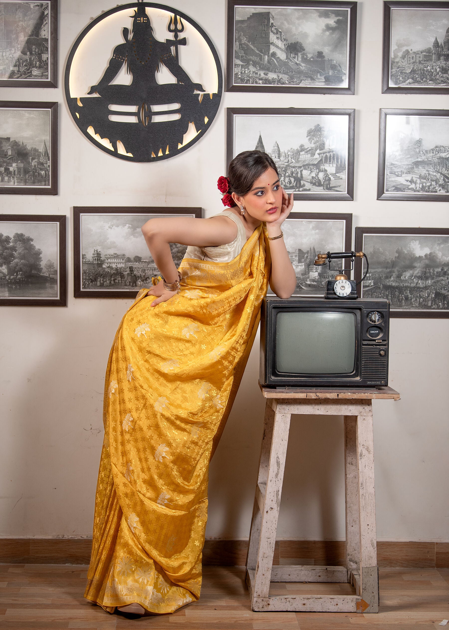 Banarasi Silk Saree in Golden Yellow with All-Over Zari Weaving