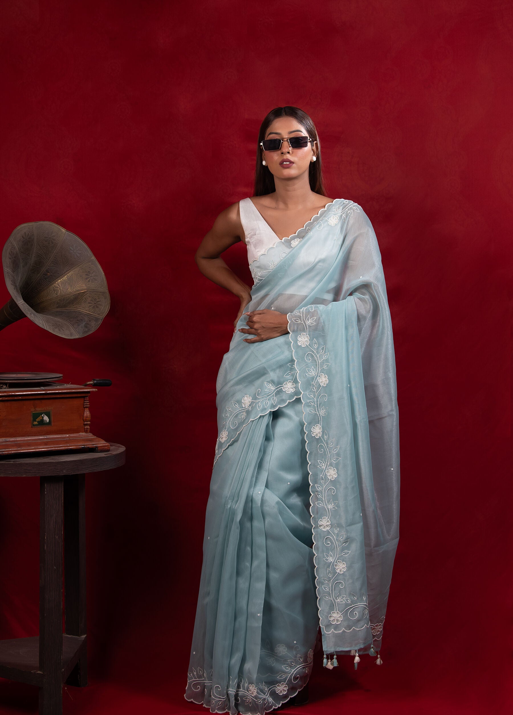 Pure Linen Saree in Ice Blue with Hand Pearl & Thread Embroidery | Elegant Everyday Drape