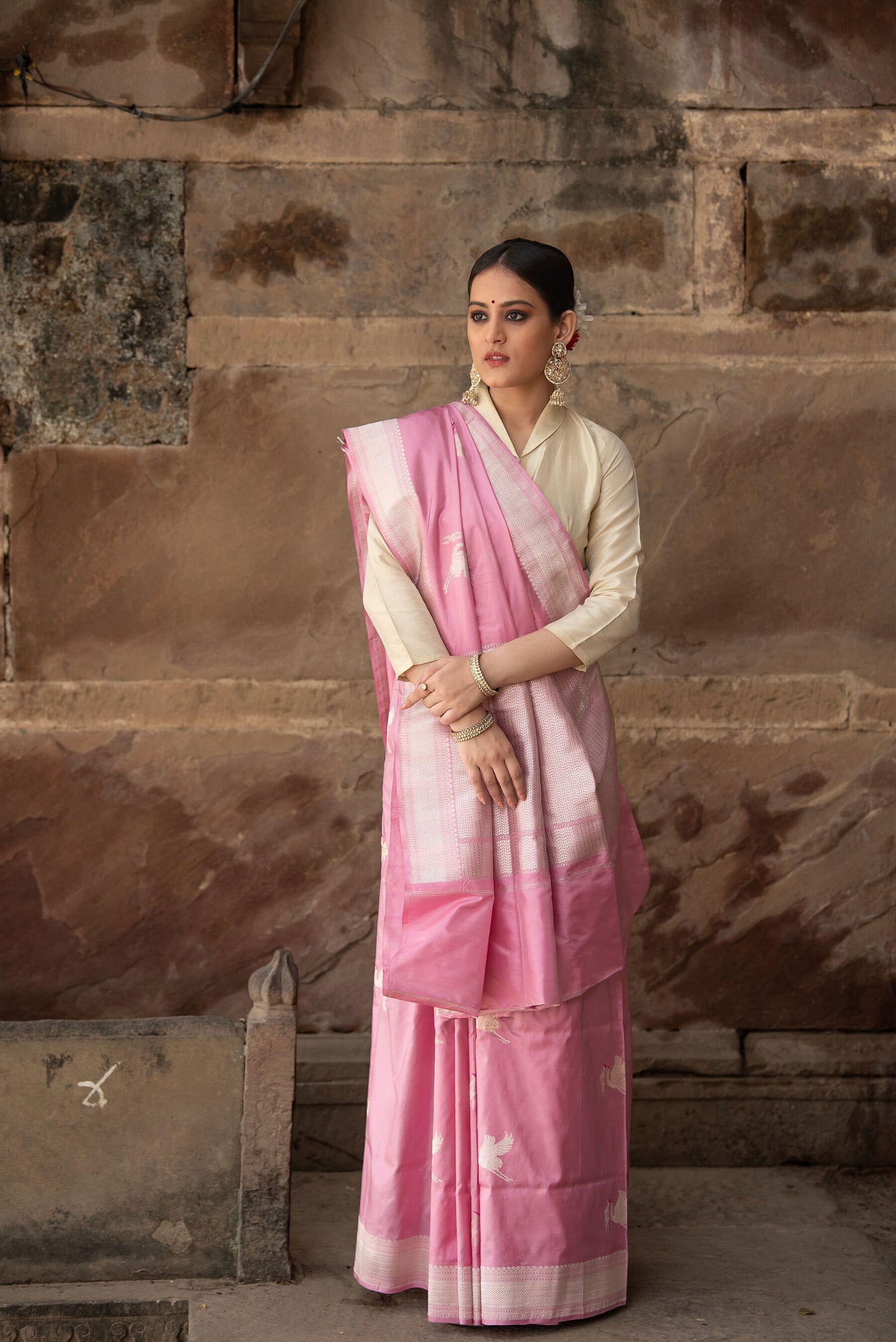 Pure Katan Silk Banarasi Saree in Powder Pink | Minimal Silver Zari with Flamingo Motifs