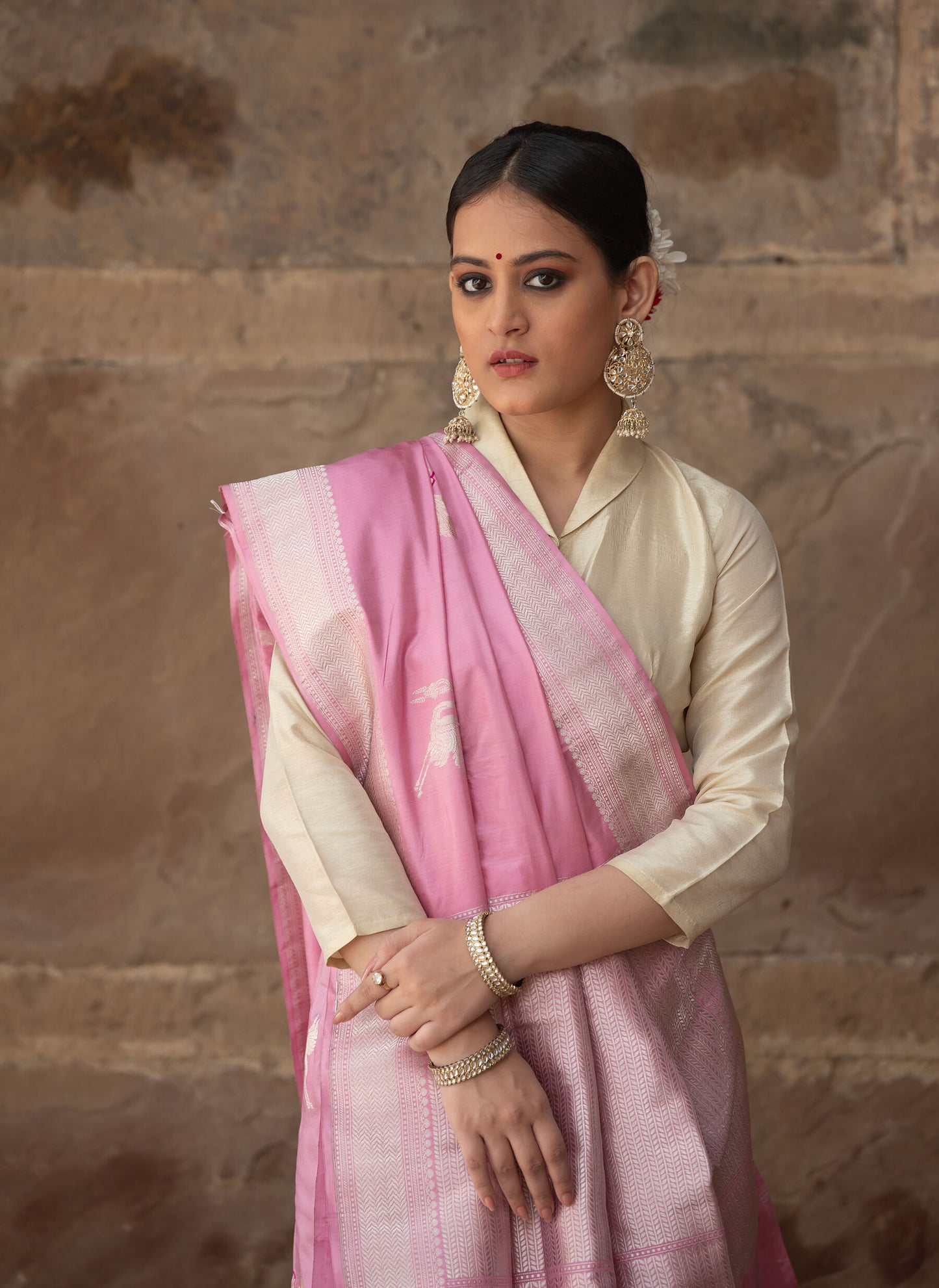 Pure Katan Silk Banarasi Saree in Powder Pink | Minimal Silver Zari with Flamingo Motifs