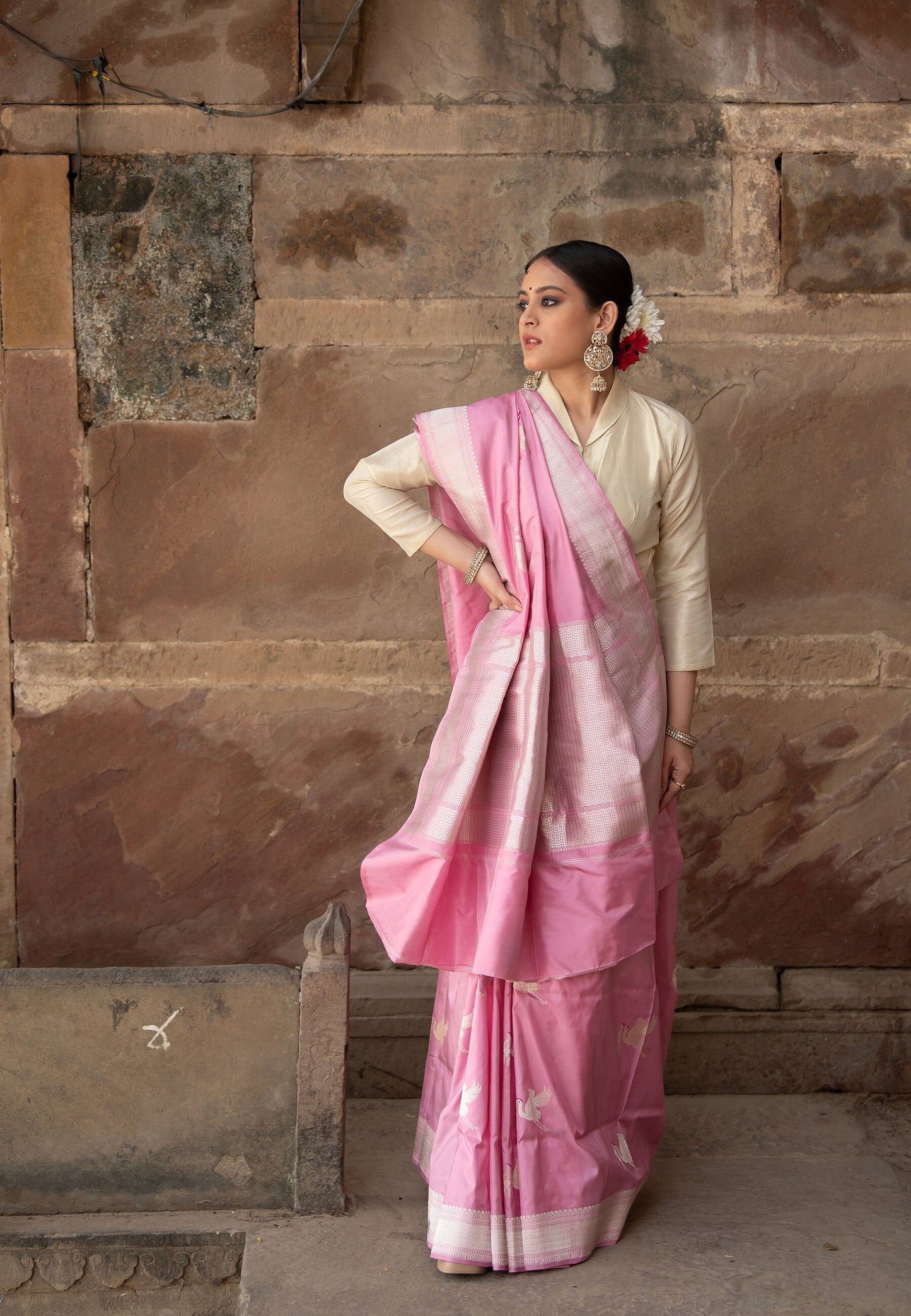 Pure Katan Silk Banarasi Saree in Powder Pink | Minimal Silver Zari with Flamingo Motifs